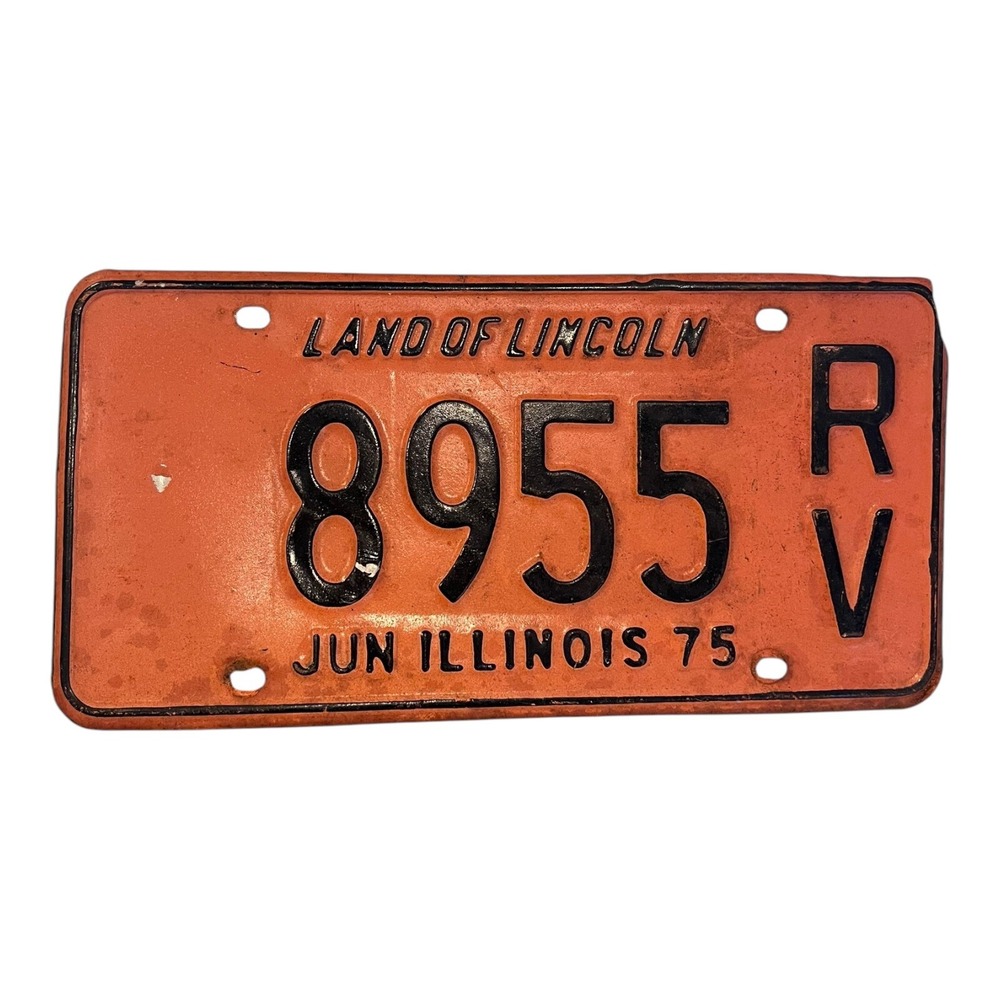 Vtg Orange Illinois 1975 #8955 RV License Plate Land of Lincoln Man Cave Garage
